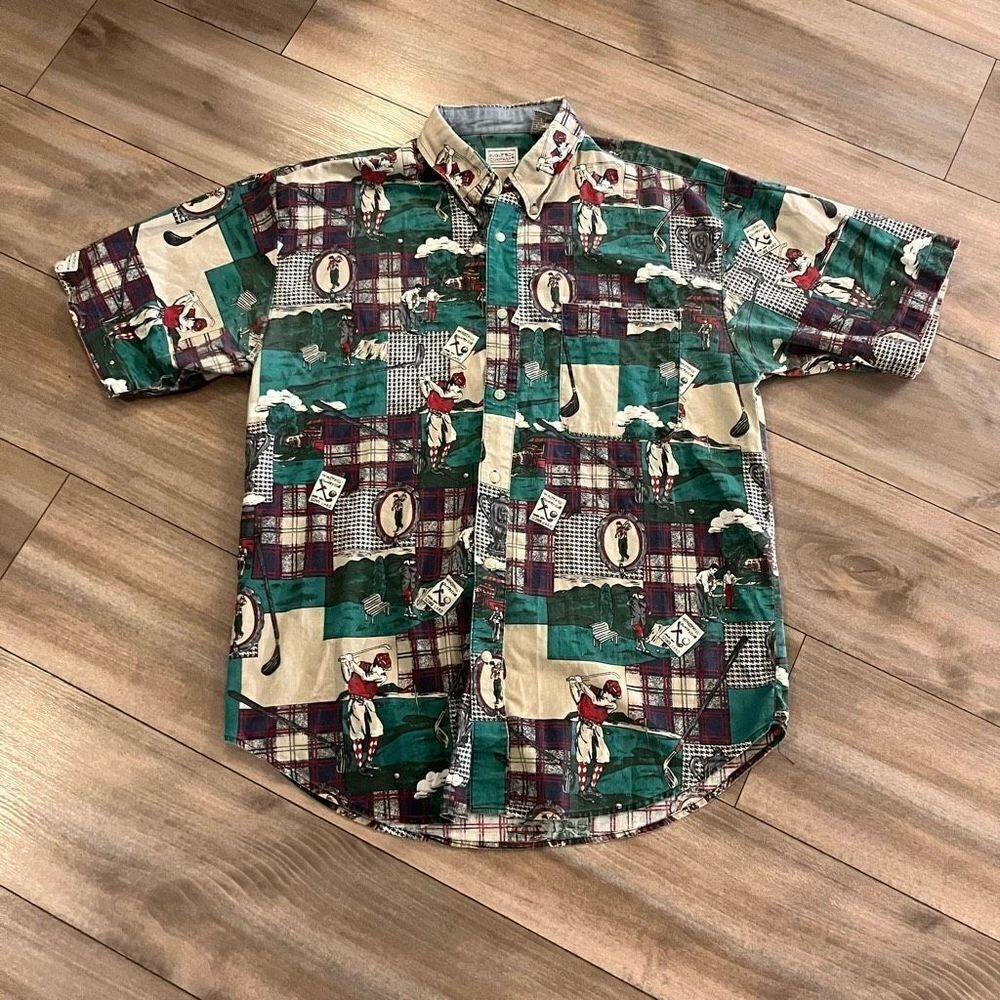 Bugle Boy Company Mens Vintage Golf Print Button Down Shirt Large Green Red